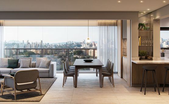 Concepção artística do living da planta de 153m²* - opção sala ampliada.