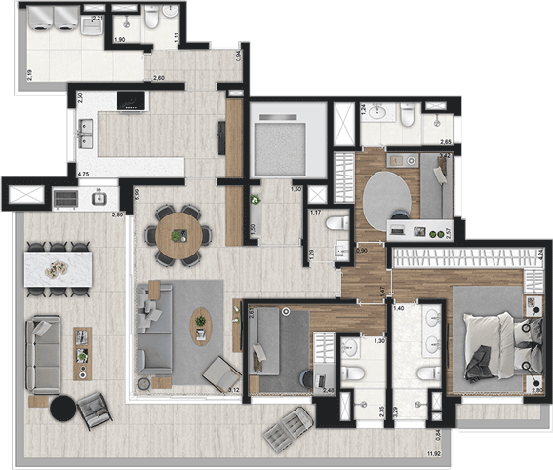 Planta tipo - 3 suítes - 153 m²