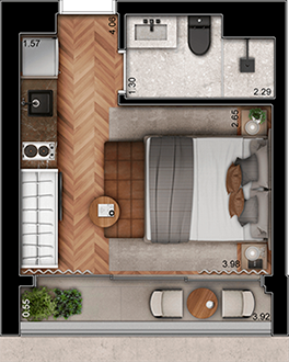 Concepção artística da planta do studio de 21m²