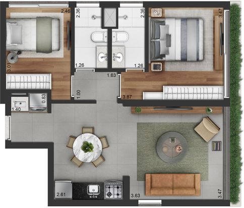 63 m²,2 Dorms. <br class='brdesk'> 1 Suíte,1 Vaga